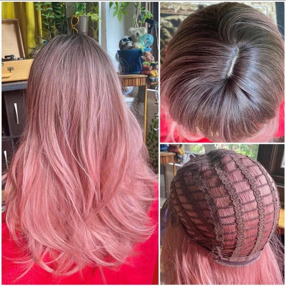 realistic ombré rooted sweet pink wig